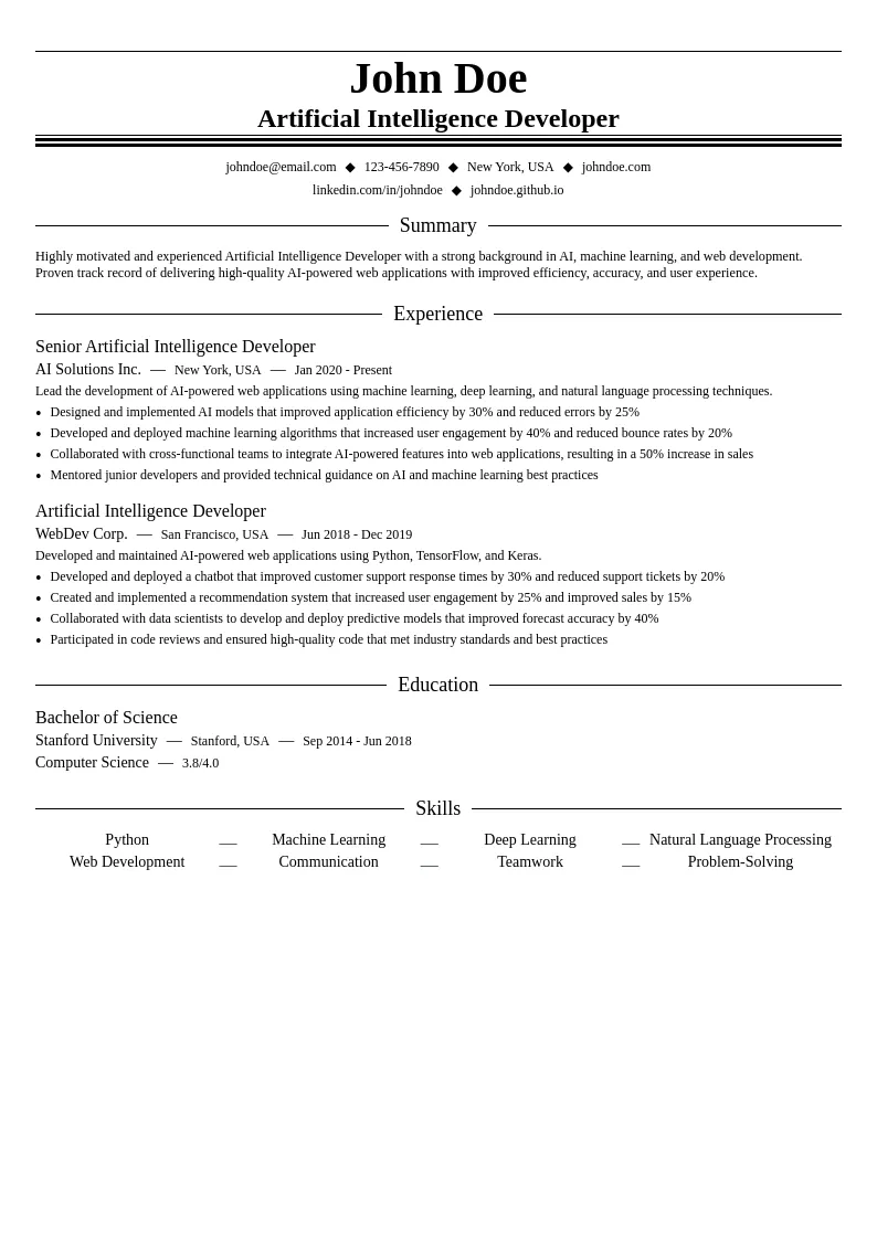 Artificial Intelligence Developer resume example
