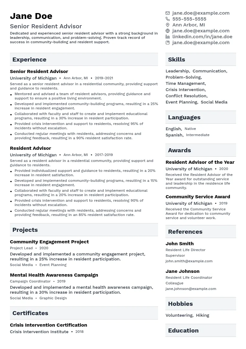 Senior Resident Advisor resume example