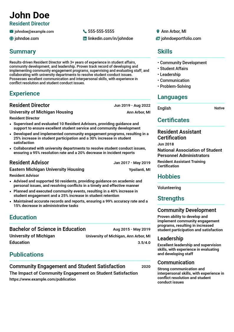 Resident Director resume example