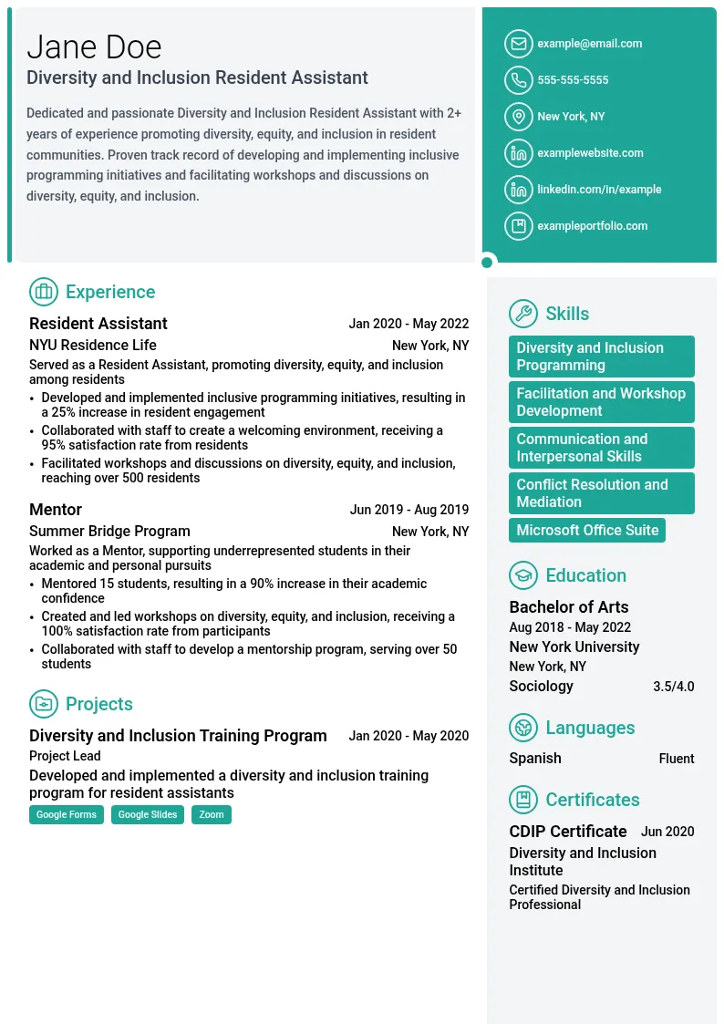 Diversity and Inclusion Resident Assistant resume example