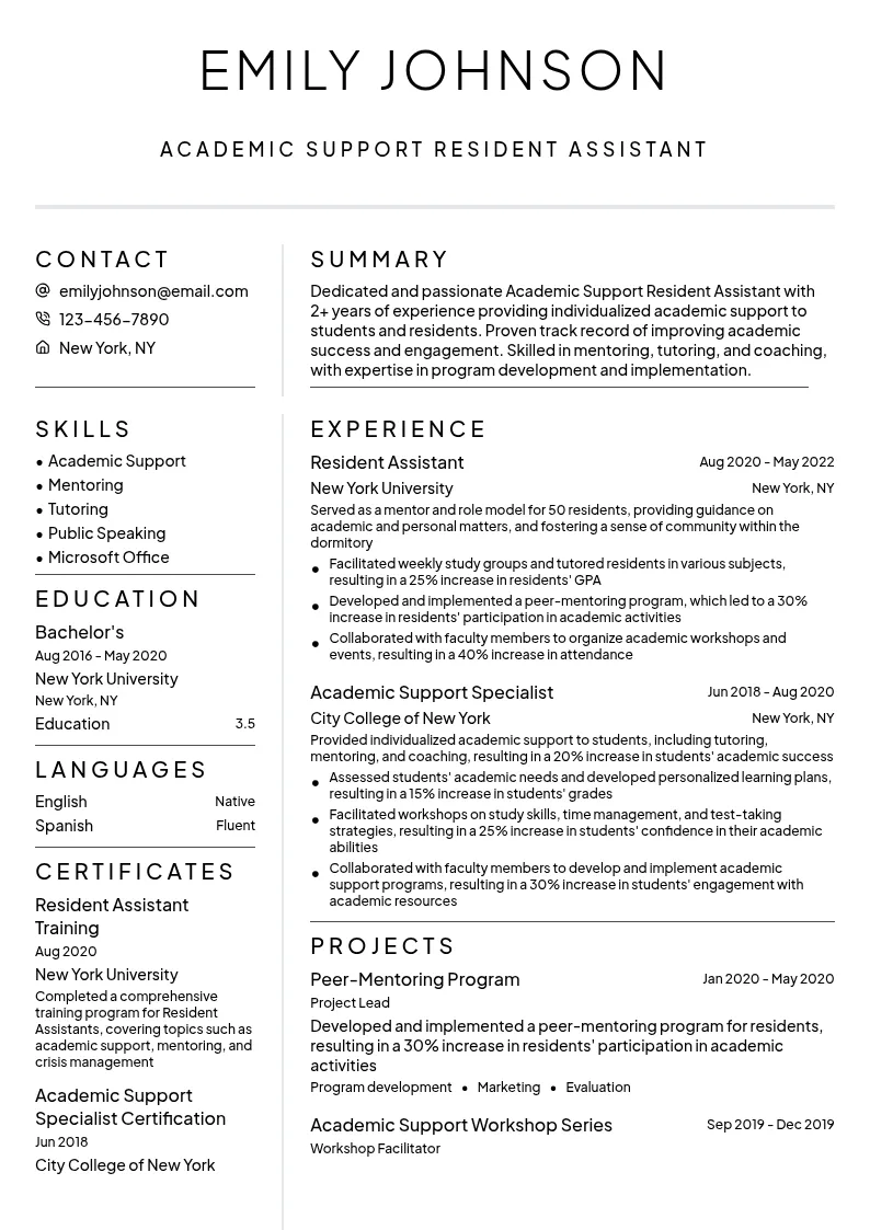 Academic Support Resident Assistant resume example