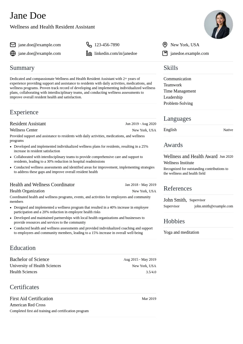 Wellness and Health Resident Assistant resume example