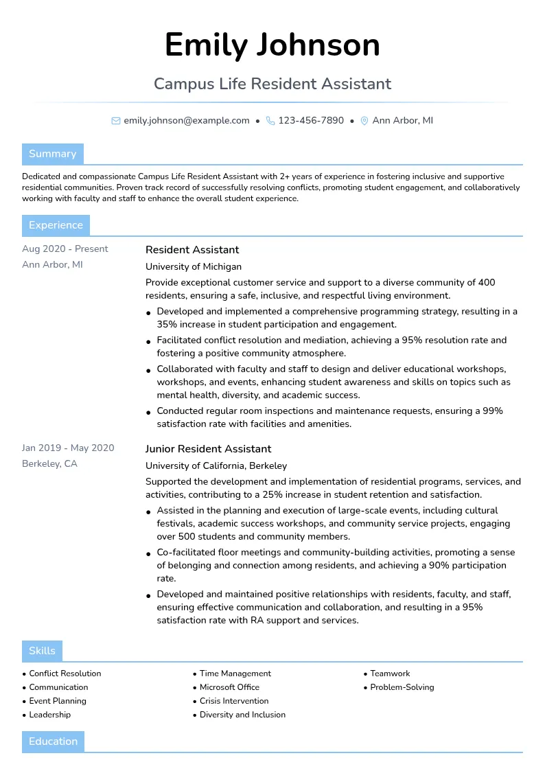 Campus Life Resident Assistant resume example