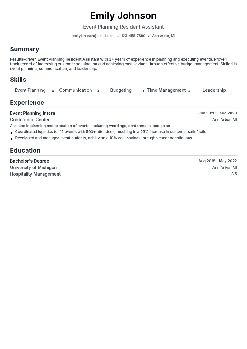 Event Planning Resident Assistant resume example