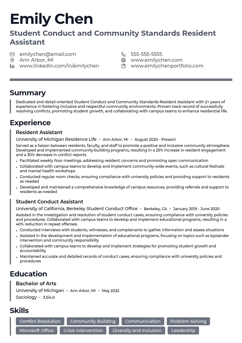Student Conduct and Community Standards Resident Assistant resume example