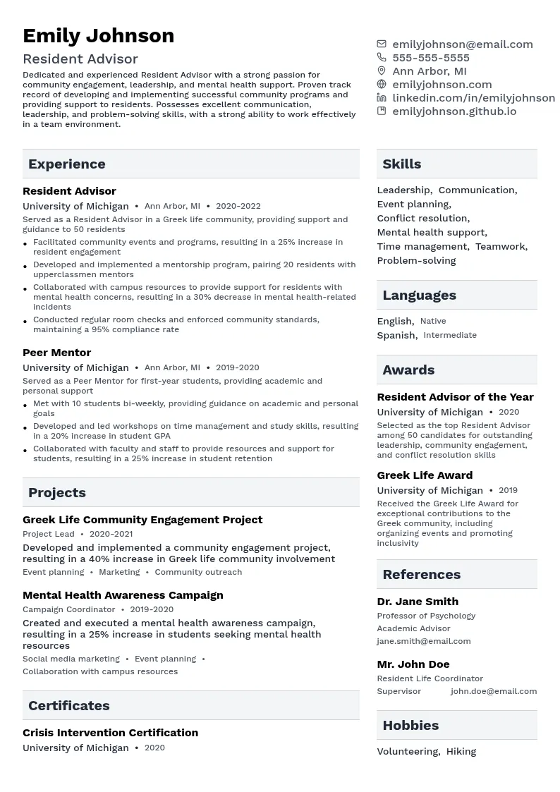 Greek Life Resident Advisor resume example