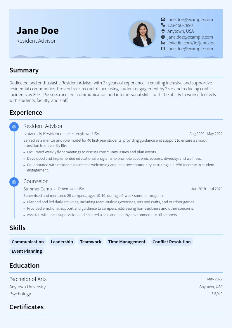 First Year Experience Resident Advisor resume example