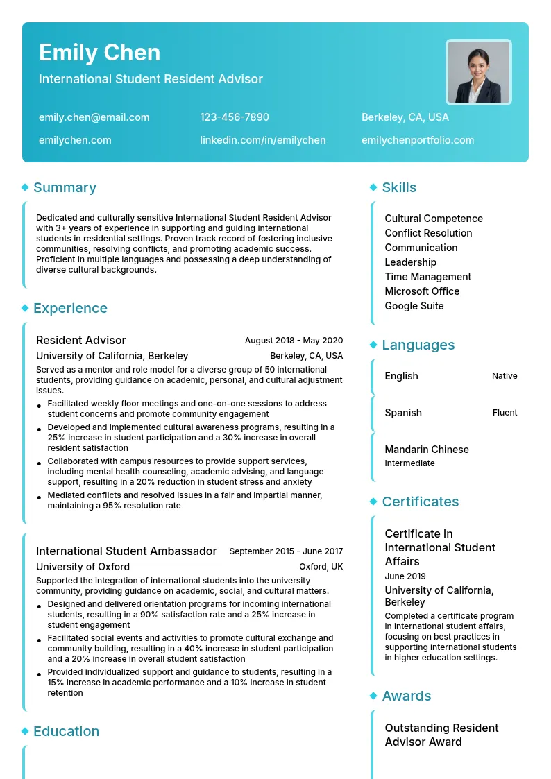 International Student Resident Advisor resume example