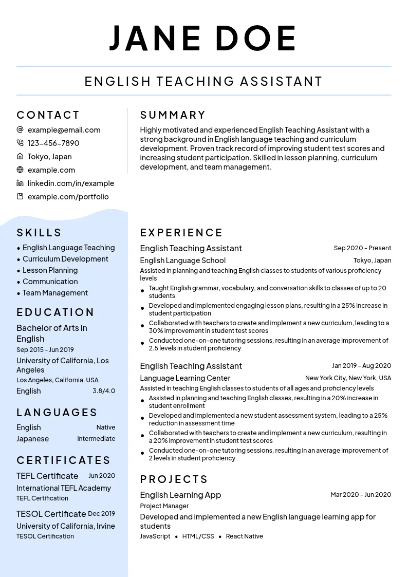 English Teaching Assistant resume example