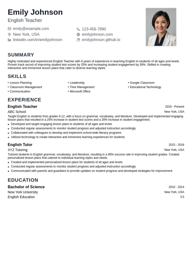 English Teacher resume example