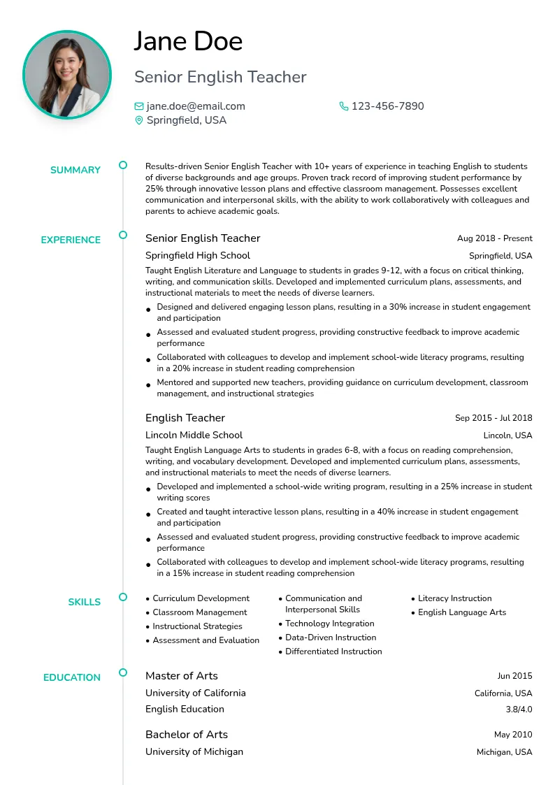 Senior English Teacher resume example