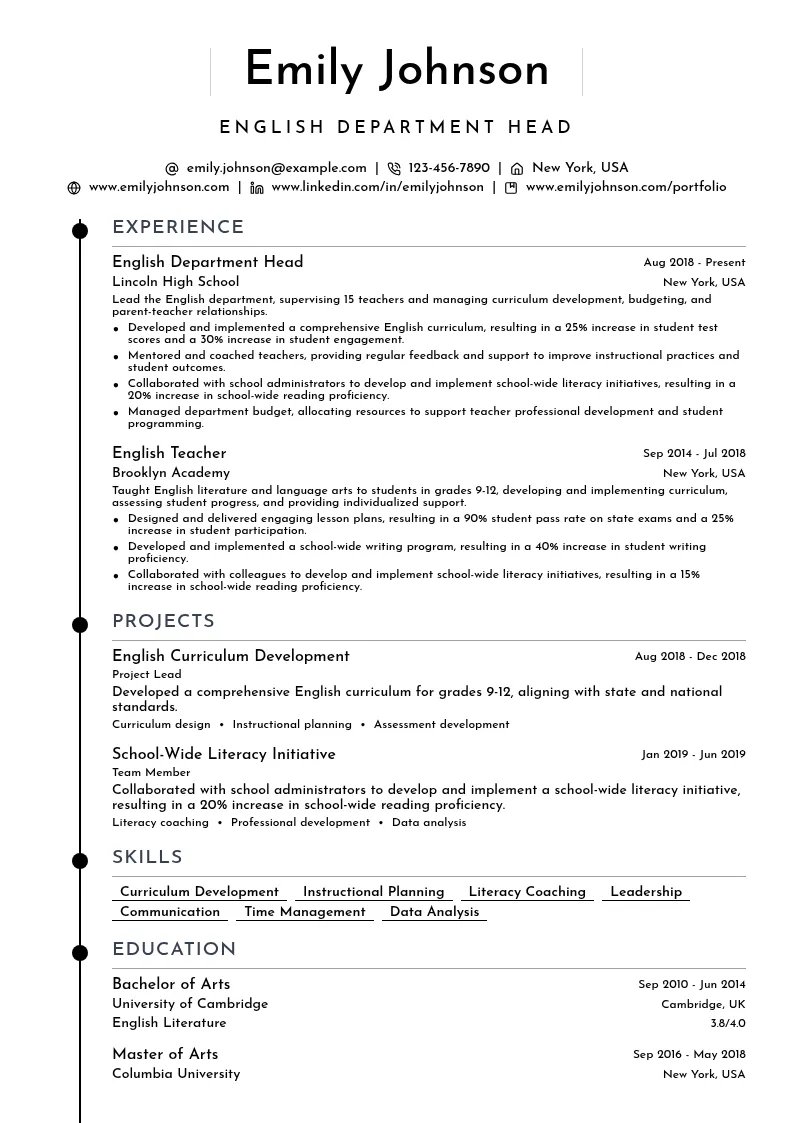 English Department Head resume example