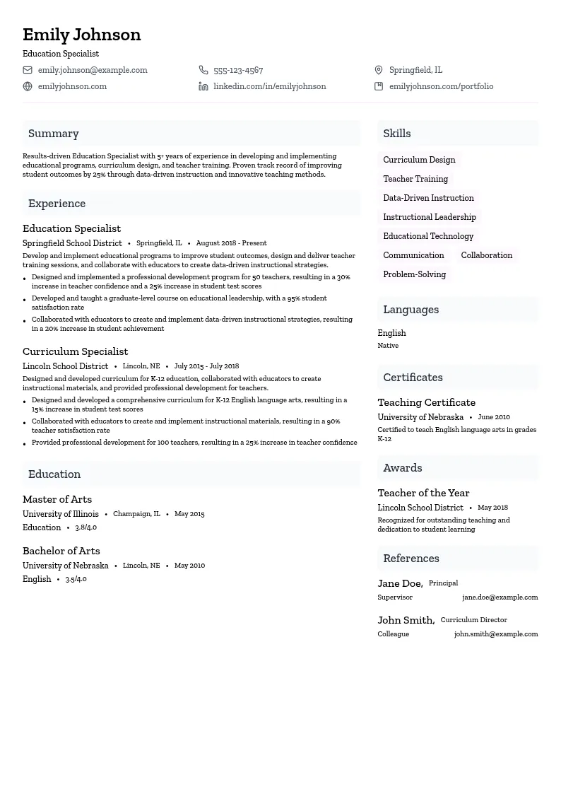 Education Specialist resume example