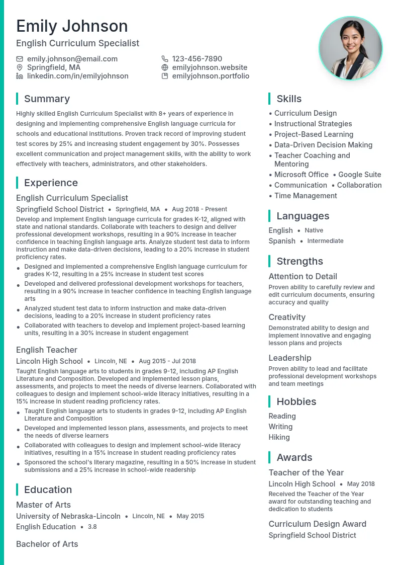 English Curriculum Specialist resume example