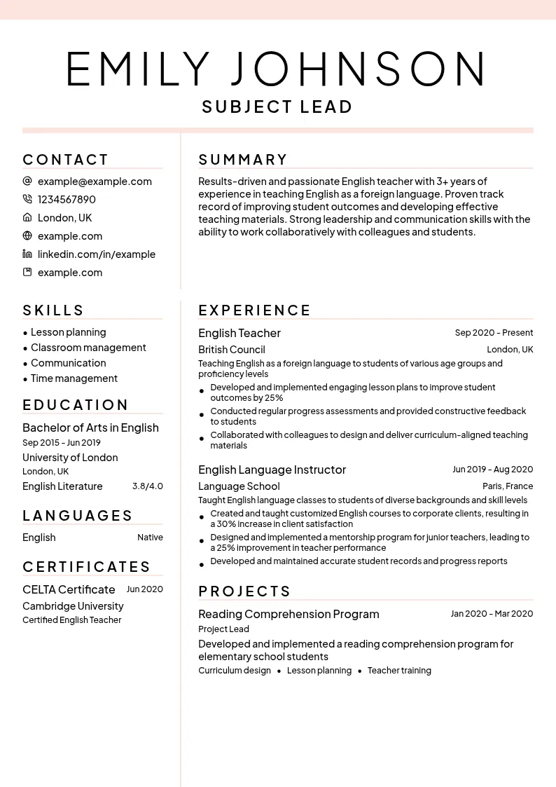 Subject Lead resume example