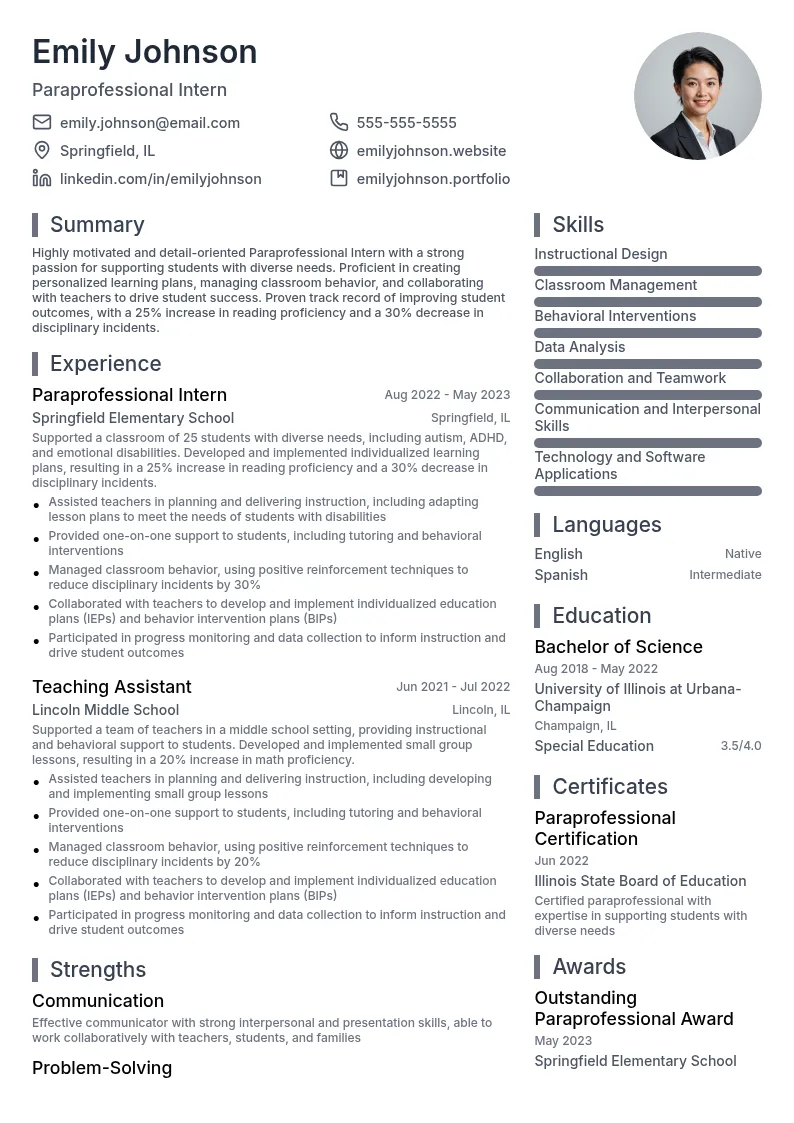 Paraprofessional Intern resume example