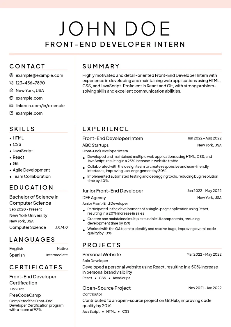 Front-End Developer Intern resume example