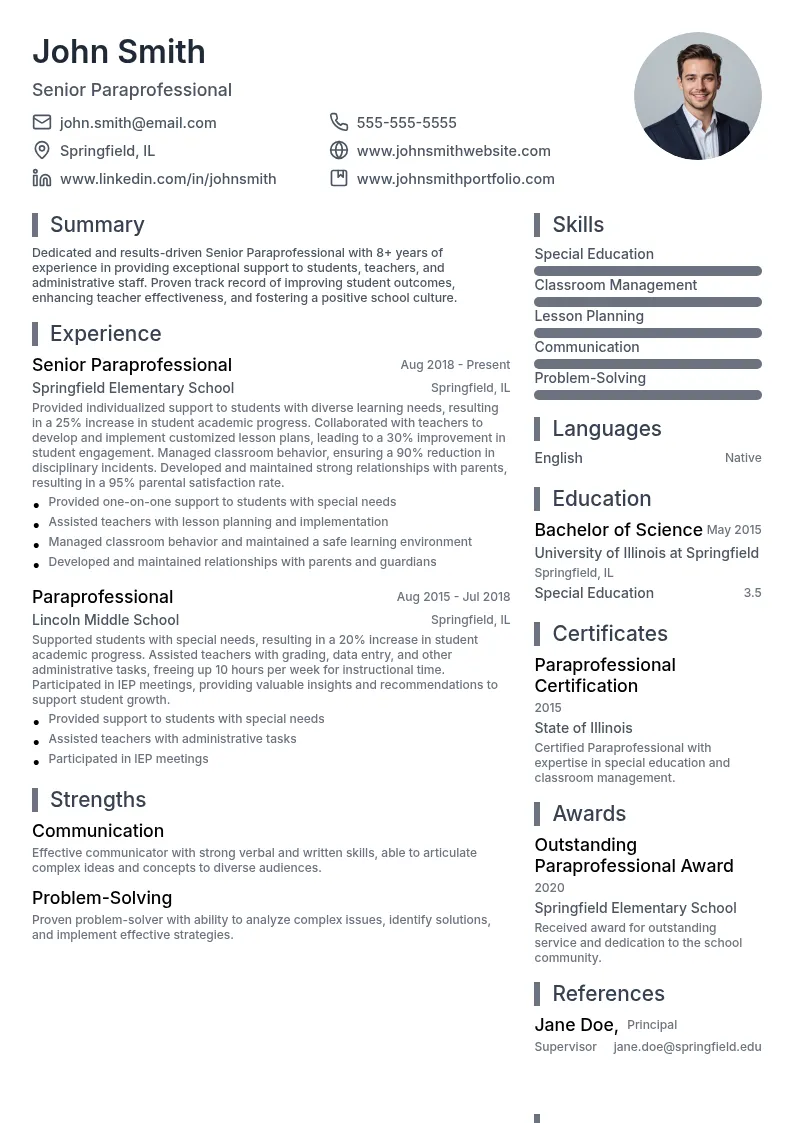 Senior Paraprofessional resume example
