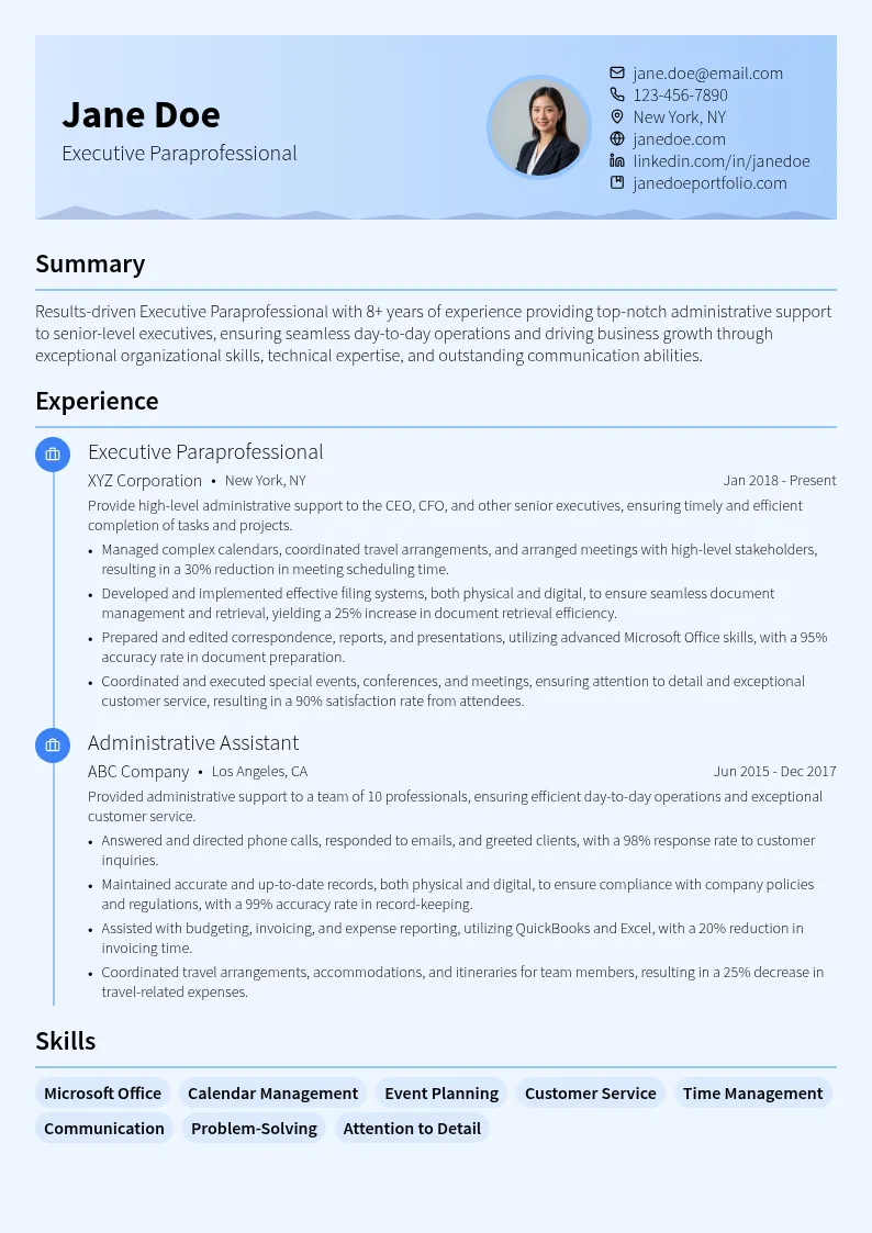 Executive Paraprofessional resume example