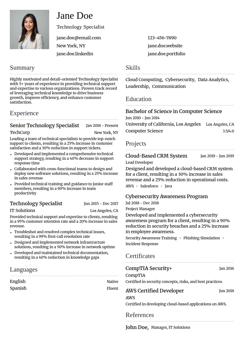 Specialist: Technology Specialist resume example
