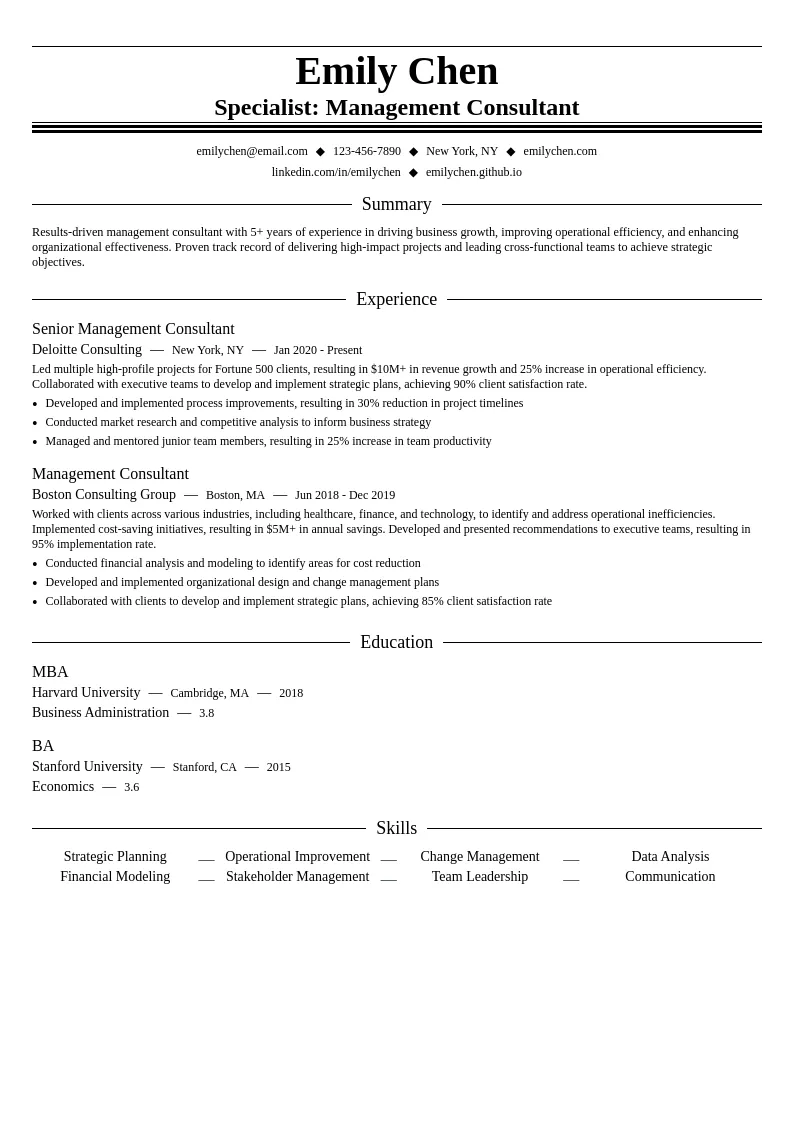 Specialist: Management Consultant resume example