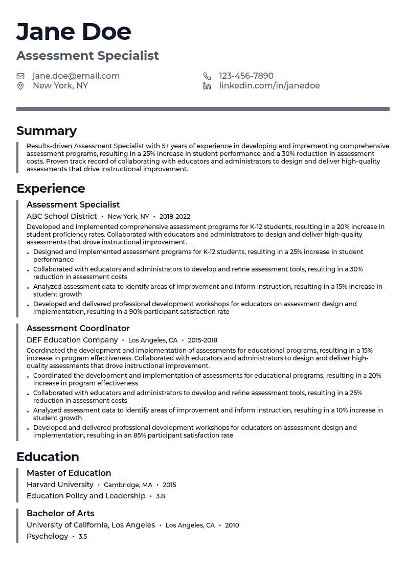 Assessment Specialist resume example