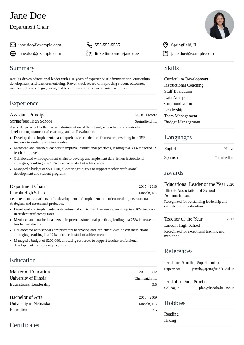 Department Chair resume example