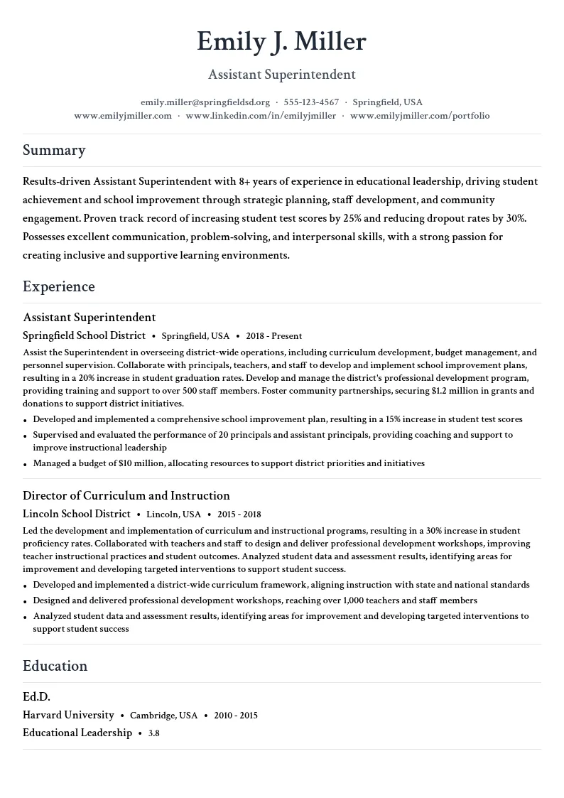 Assistant Superintendent resume example