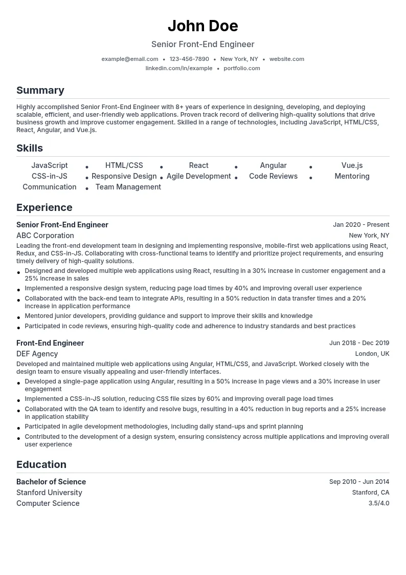 Senior Front-End Engineer resume example