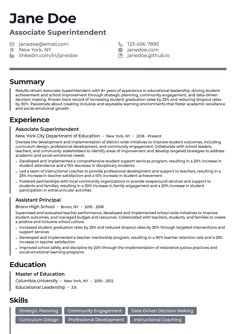 Associate Superintendent resume example