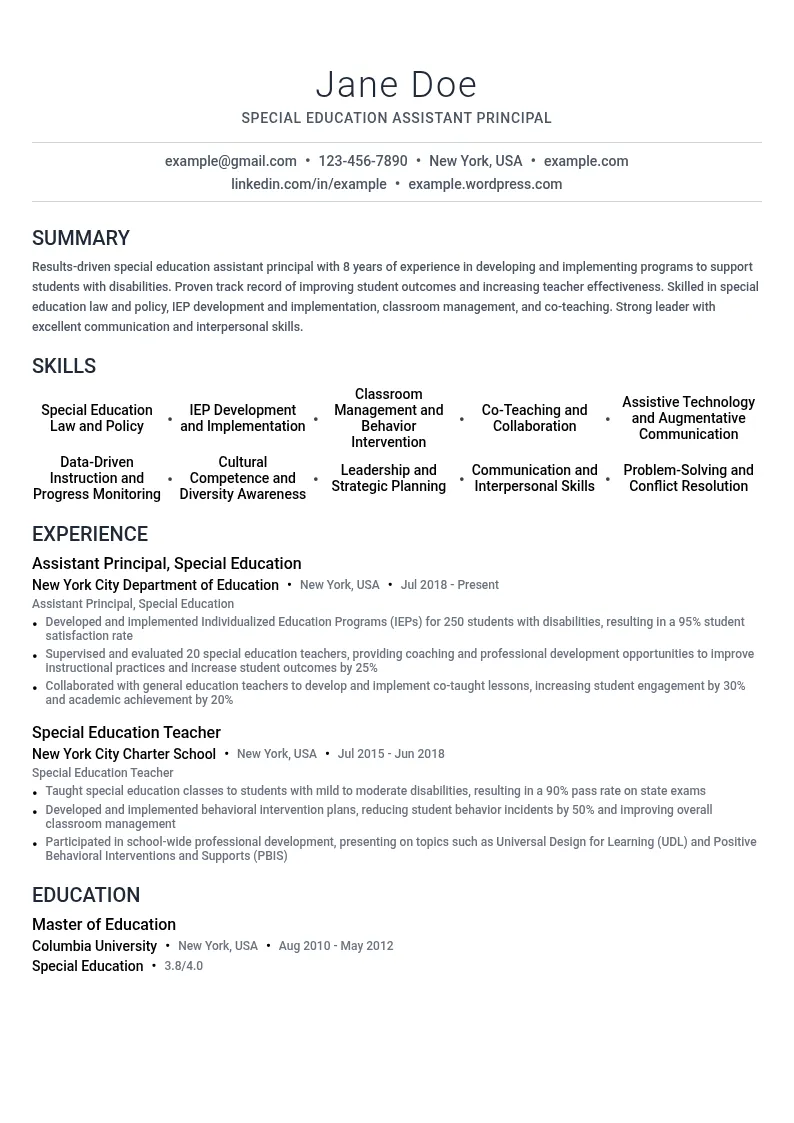 Special Education Assistant Principal resume example
