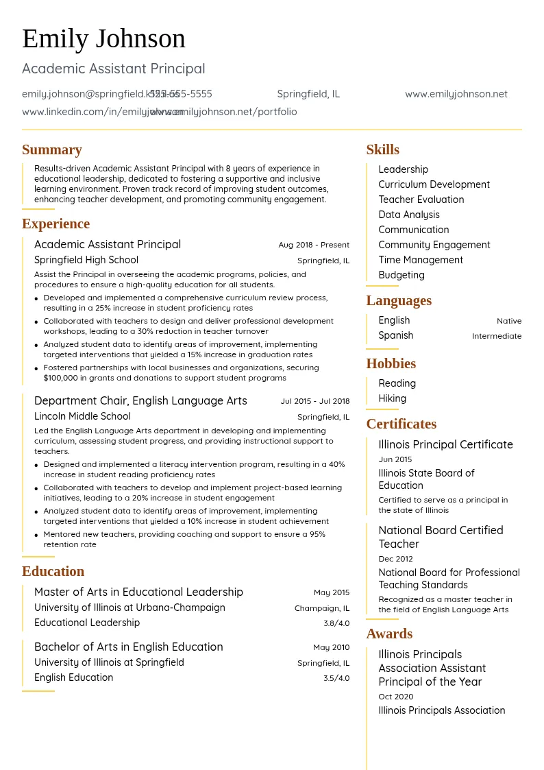 Academic Assistant Principal resume example