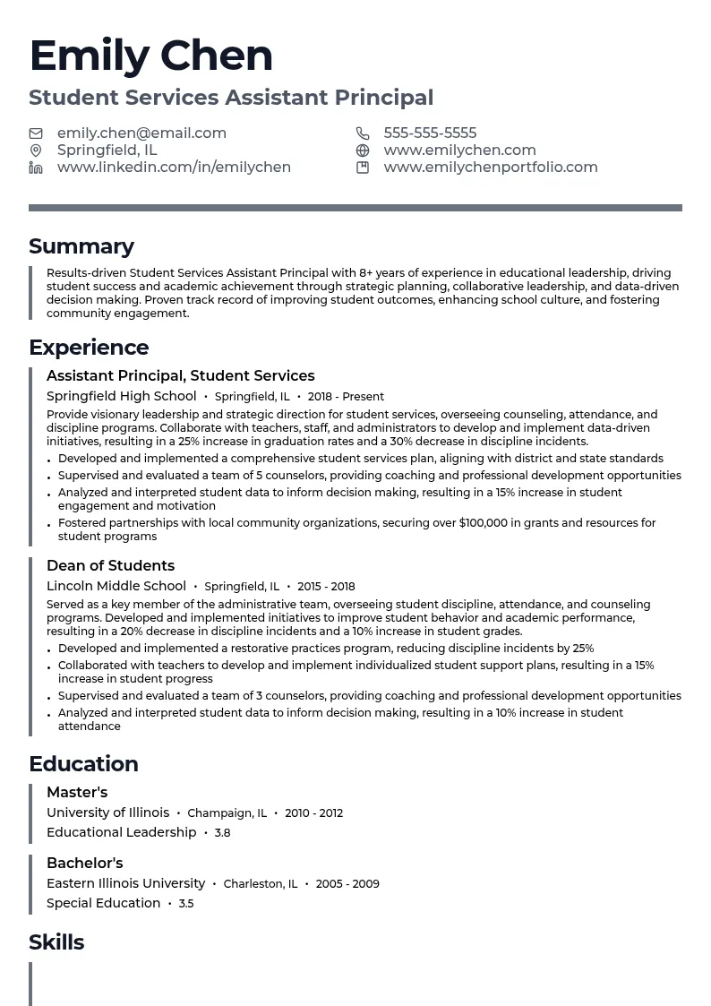 Student Services Assistant Principal resume example