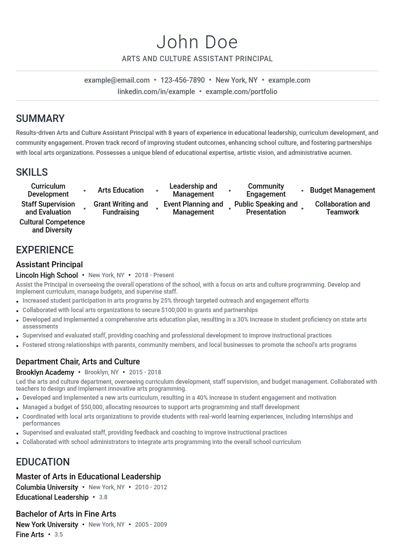 Arts and Culture Assistant Principal resume example
