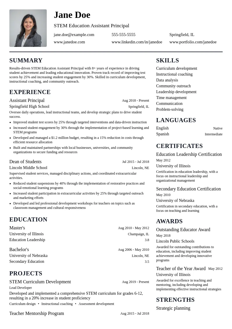 STEM Education Assistant Principal resume example