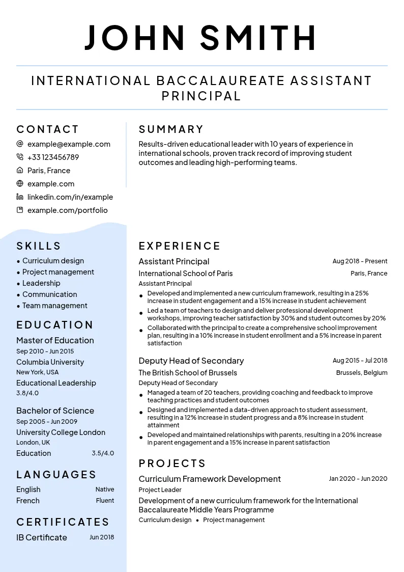 International Baccalaureate Assistant Principal resume example