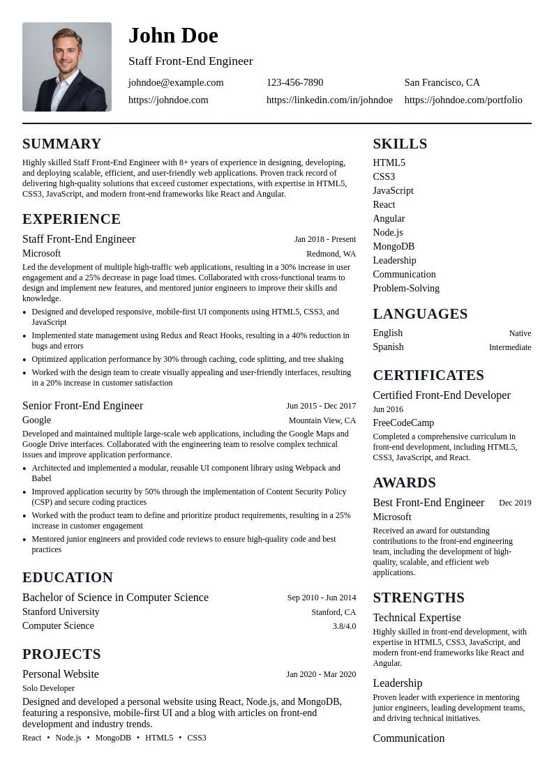 Staff Front-End Engineer resume example