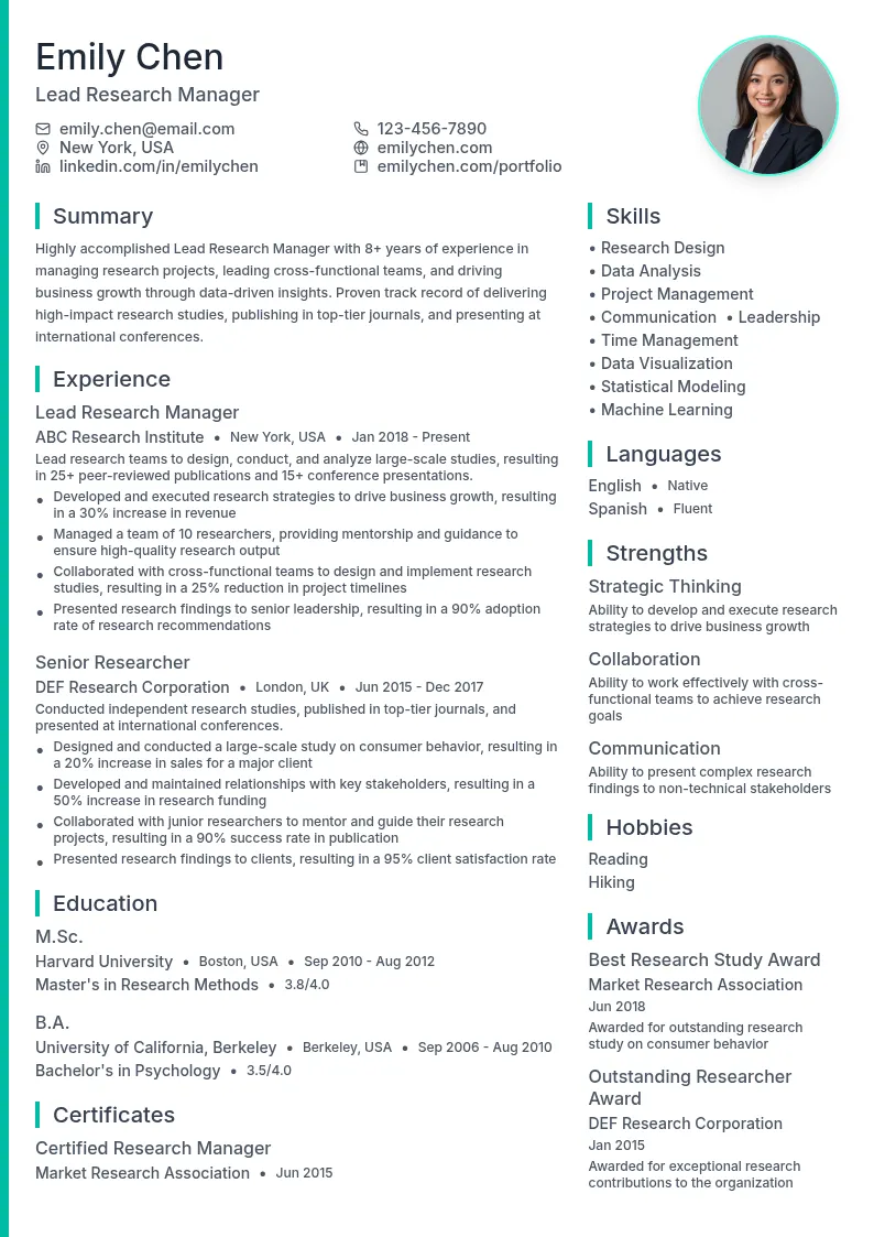 Lead Research Manager resume example