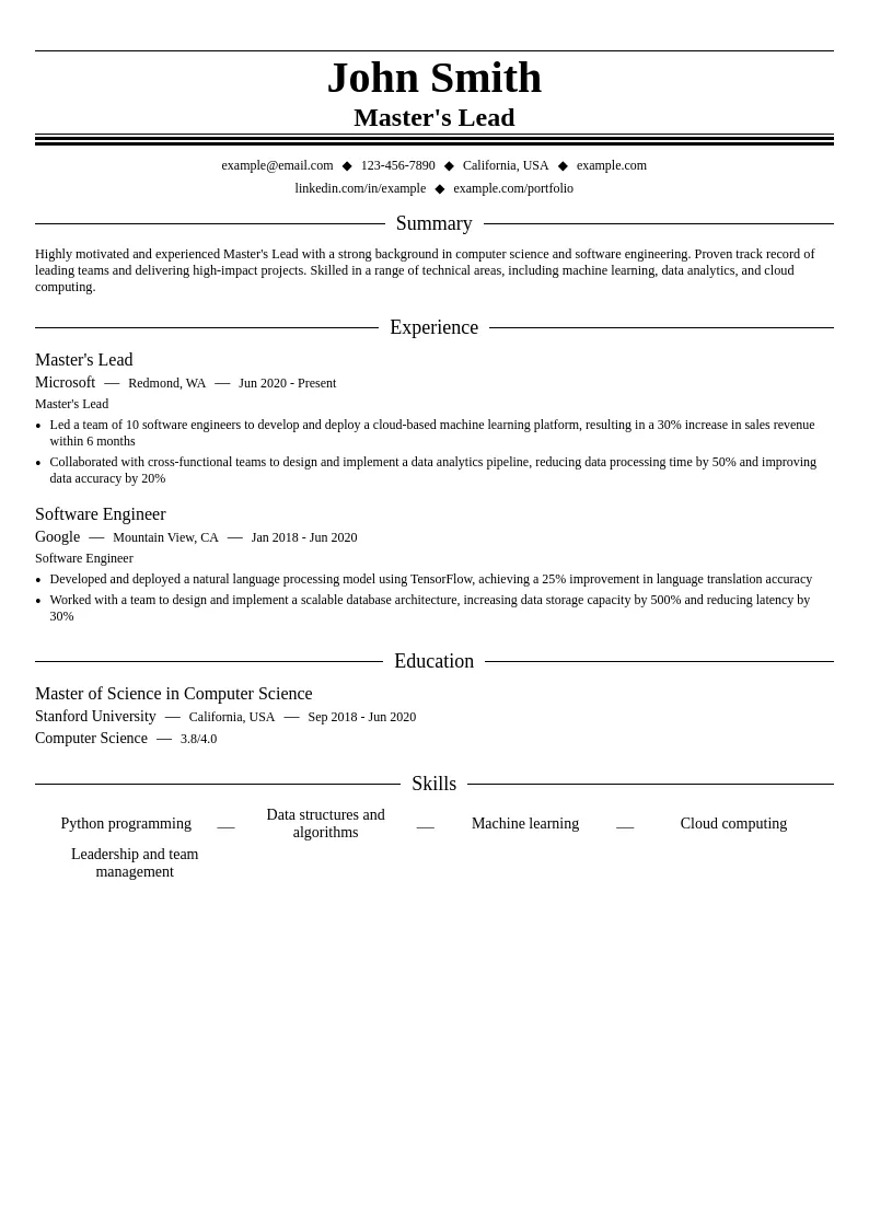 Master's Lead resume example