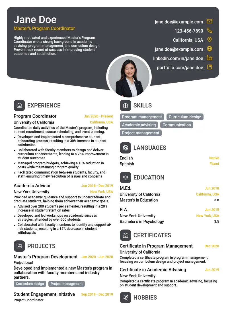Master's Program Coordinator resume example