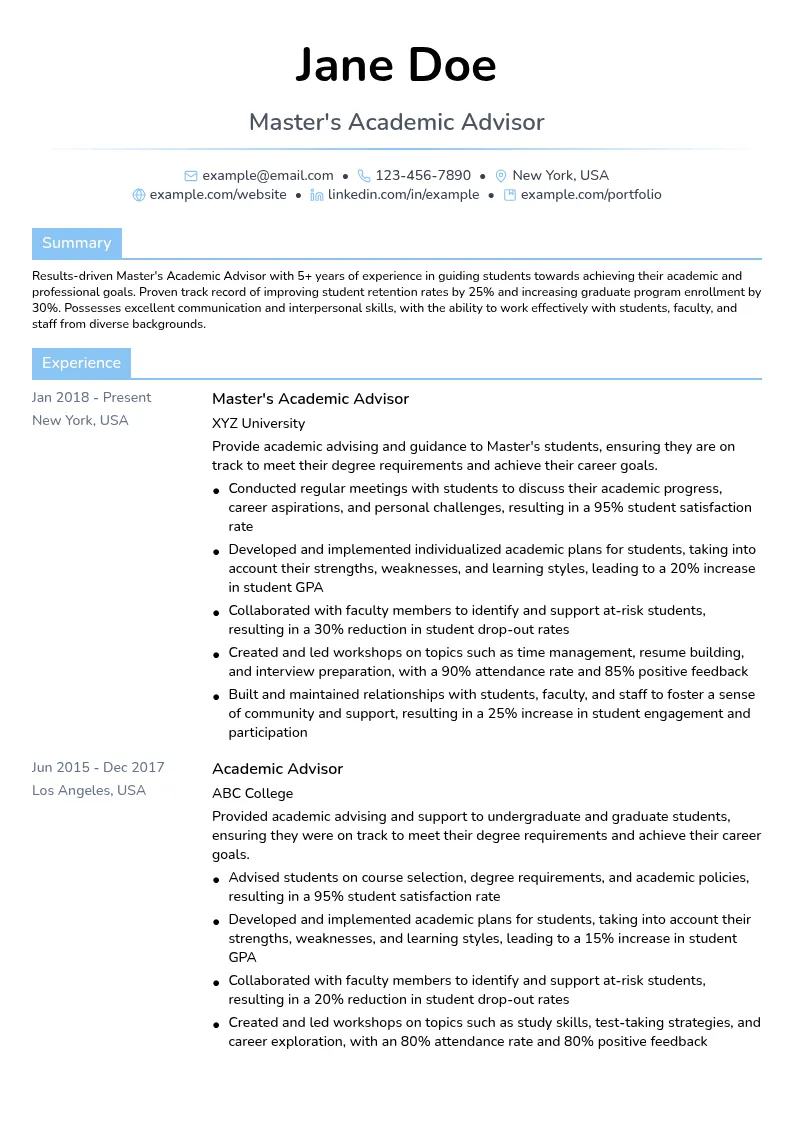 Master's Academic Advisor resume example