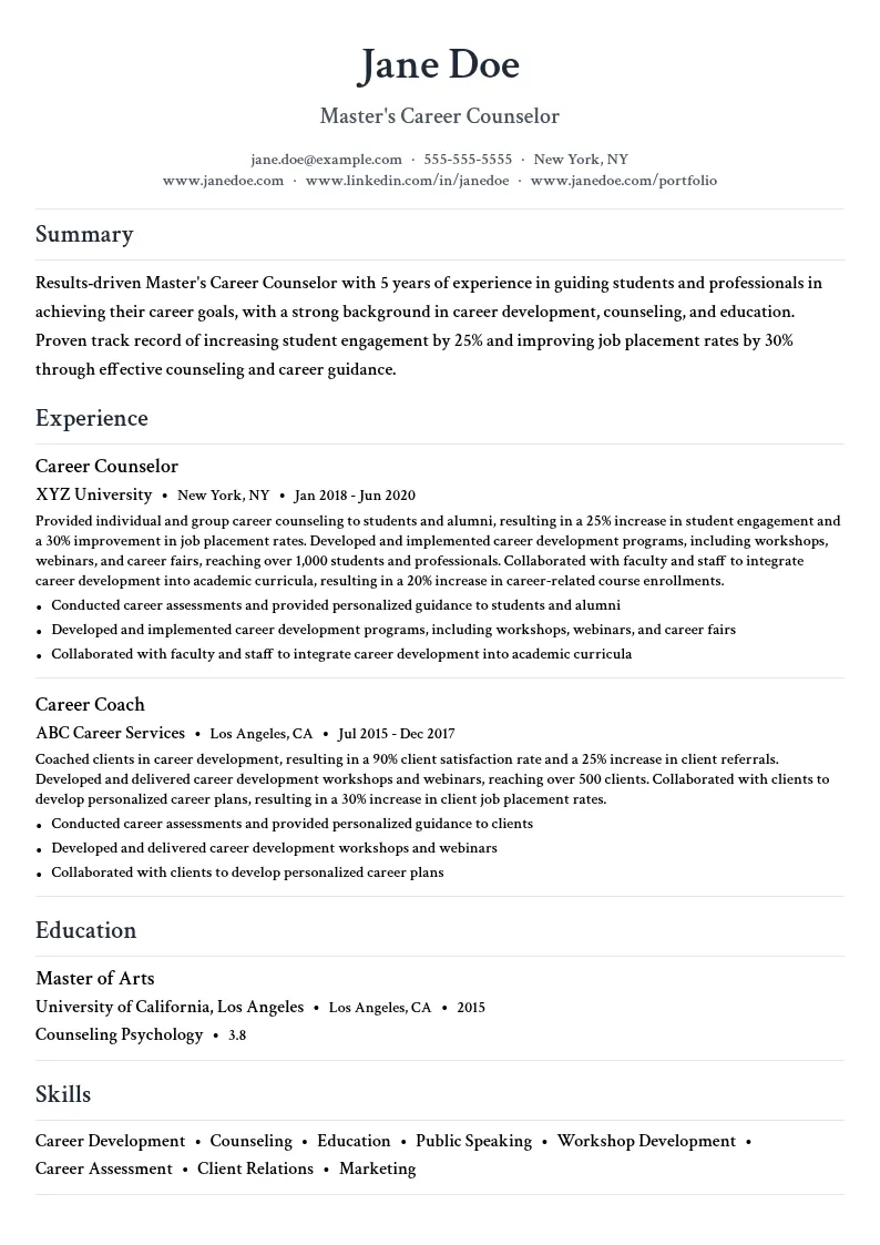Master's Career Counselor resume example