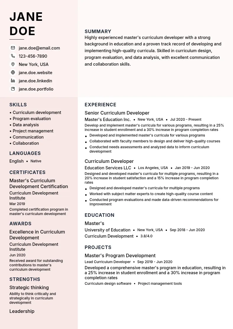 Master's Curriculum Developer resume example