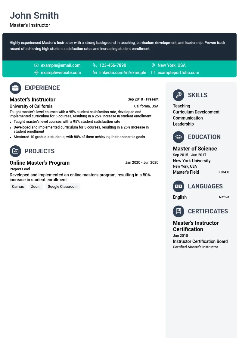Master's Instructor resume example