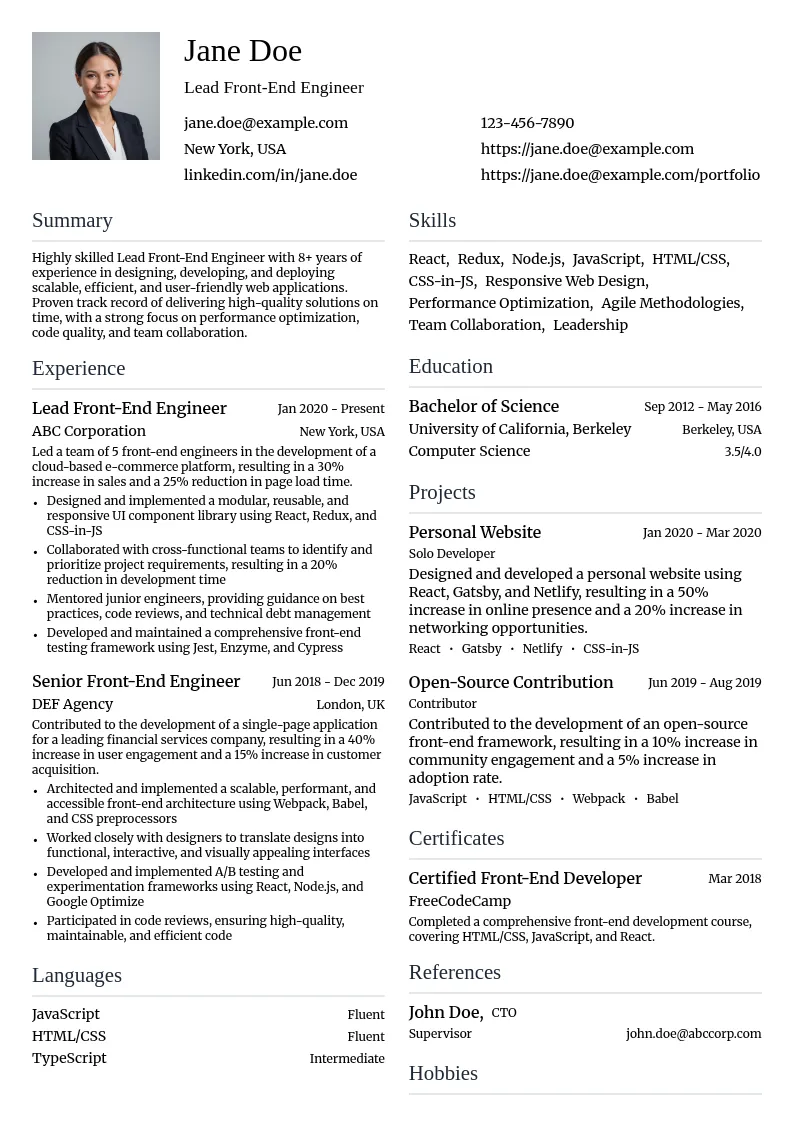 Lead Front-End Engineer resume example