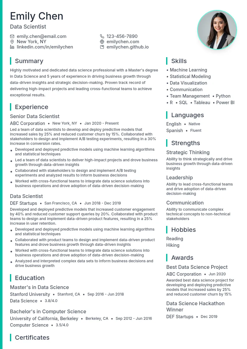 Data Science Master's resume example