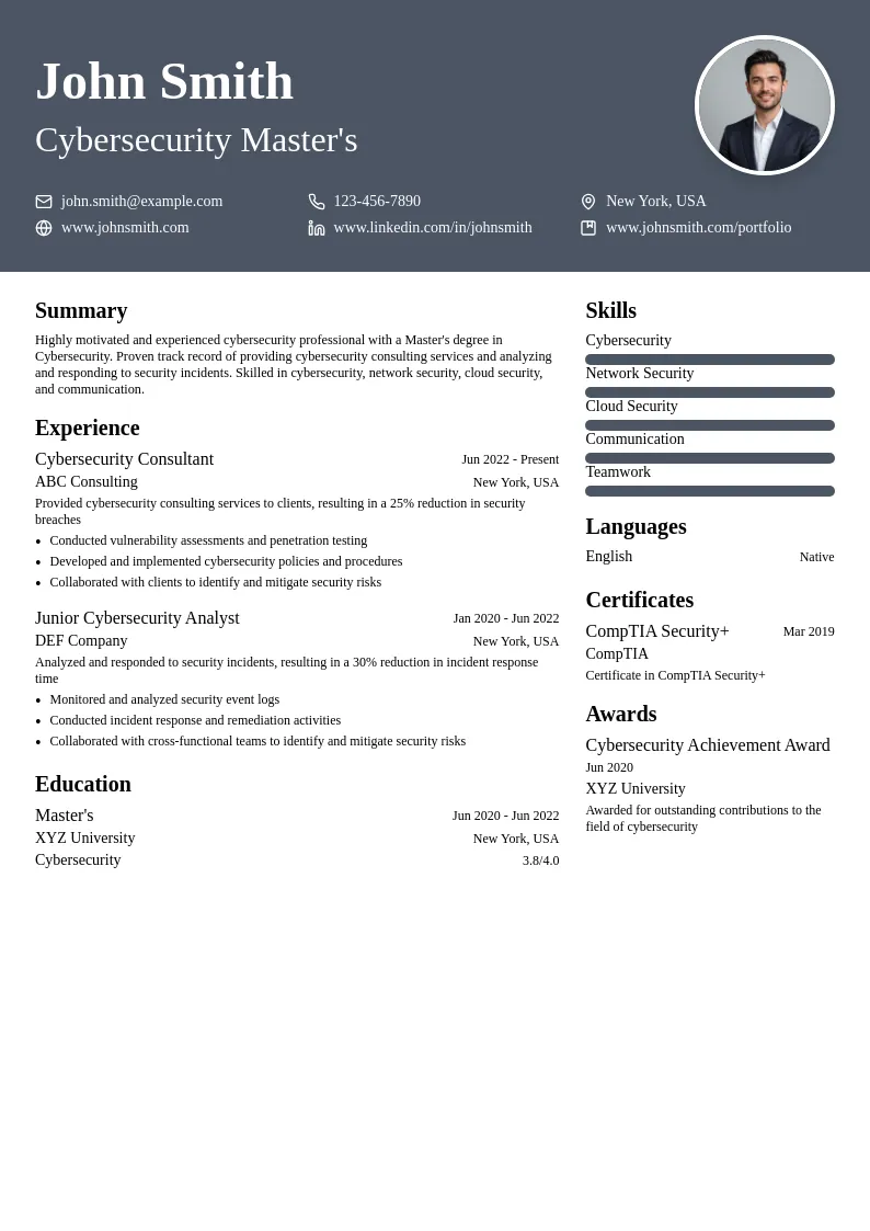 Cybersecurity Master's resume example