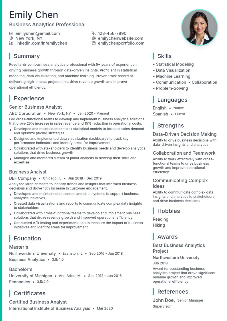 Business Analytics Master's resume example