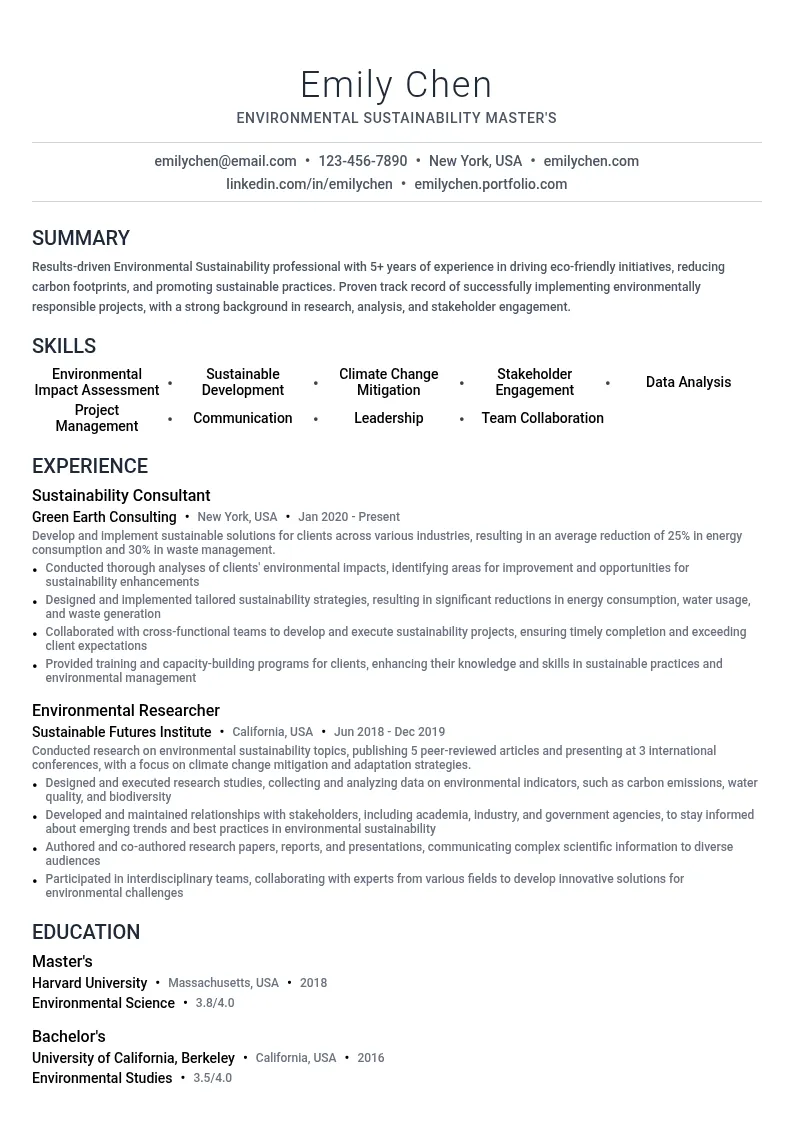 Environmental Sustainability Master's resume example