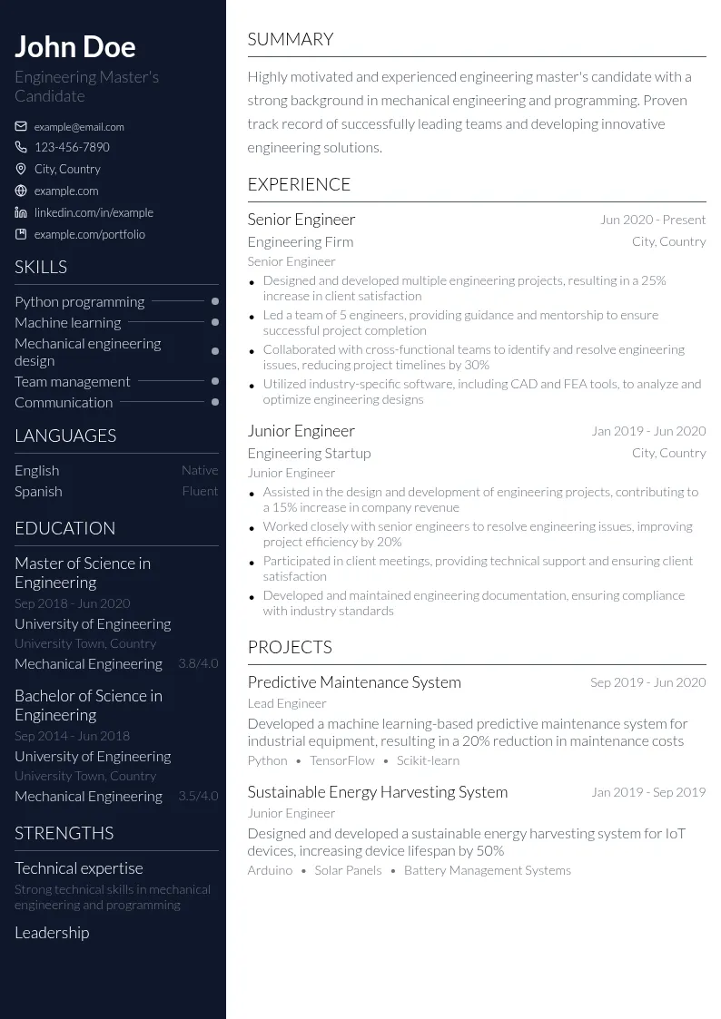 Engineering Master's resume example